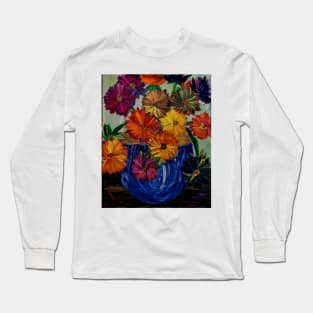 Some abstract vibrant colorful flowers in a glass vase with gold accent on base and top of vase Long Sleeve T-Shirt